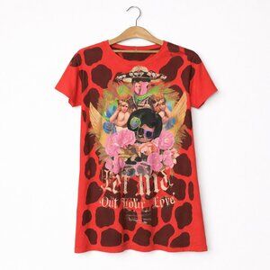 PACO CHICANO | Red Giraffe Print & Angels Graphic Print Y2K Tee Shirt